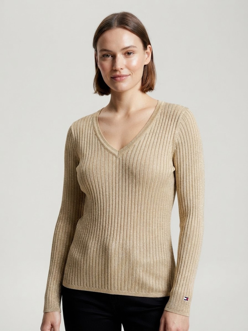 TOMMY HILFIGER Metallic Shimmer Ribbed V-Neck Sweater L 19.5” p2p Gold $69 NWT